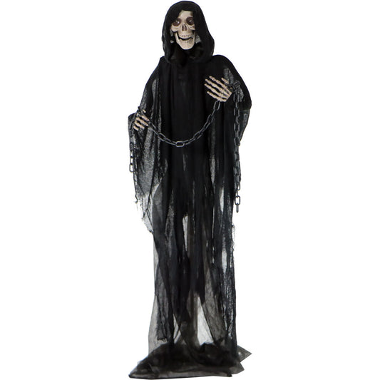 Haunted Hill Farm - Shackles the Grim Reaper with Chain and Rotating Head, Indoor or Covered Outdoor Halloween Decoration