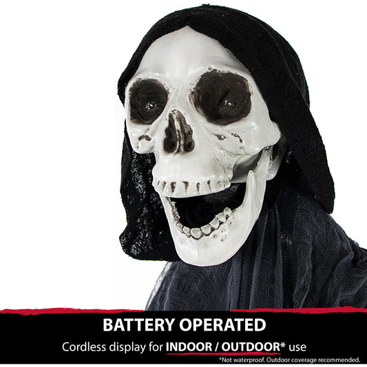 Haunted Hill Farm - Cage the Laughing Grim Reaper with Flashing Eyes and Ribs, Indoor or Covered Outdoor Halloween Decoration