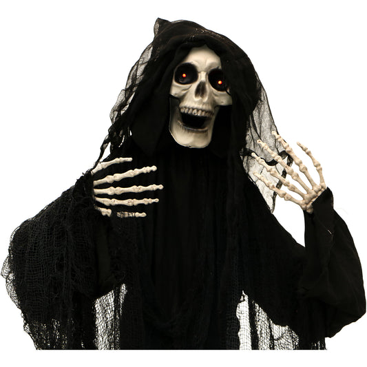Haunted Hill Farm - 60-In. Animated Standing Reaper, Indoor/Covered Outdoor Halloween Decoration, LED Eyes, Poseable, Terror