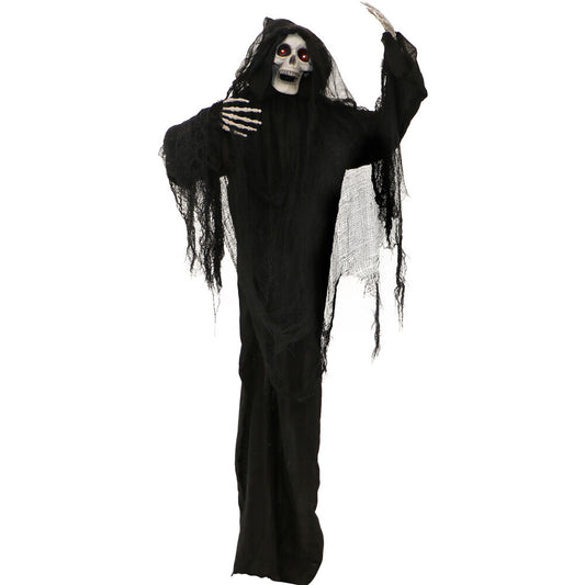 Haunted Hill Farm - 60-In. Animated Standing Reaper, Indoor/Covered Outdoor Halloween Decoration, LED Eyes, Poseable, Terror
