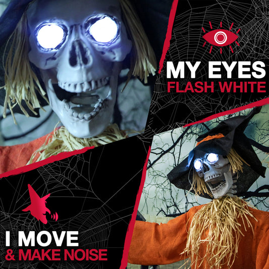 Haunted Hill Farm - Hayward the Moaning Skeleton Scarecrow with Rotating Head, Indoor or Covered Outdoor Halloween Decoration