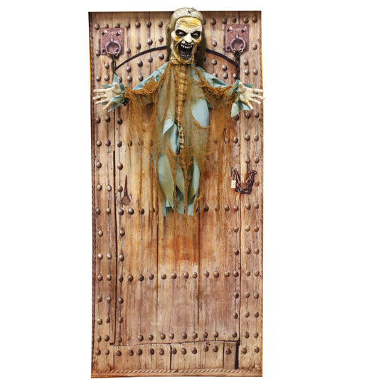 Haunted Hill Farm - Animatronic Twisting Zombie in Chains with Backdrop and Folding Door Hook for Scary Halloween Decoration
