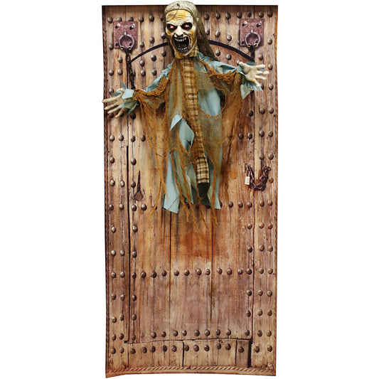 Haunted Hill Farm - Animatronic Twisting Zombie in Chains with Backdrop and Folding Door Hook for Scary Halloween Decoration