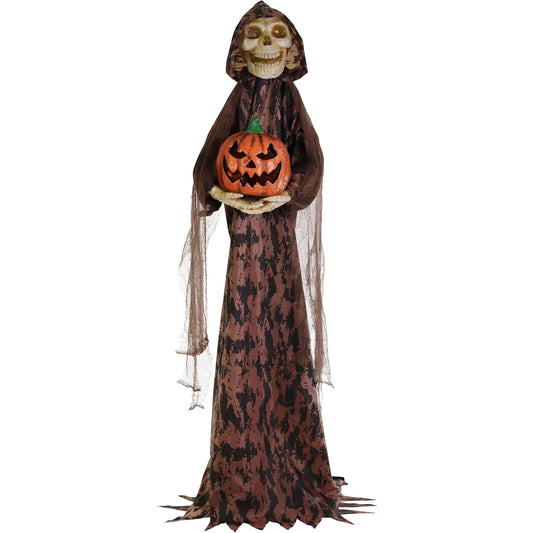 Haunted Hill Farm - Skeleton Greeter with Light-Up Pumpkin and 8 Lighting Effects with Timer for Scary Halloween Decoration