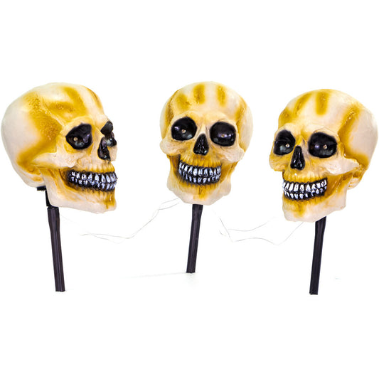 Haunted Hill Farm - 3-Piece Talking Skull Lawn Stakes with Flashing Eyes and Spooky Sounds, Outdoor Halloween Decoration