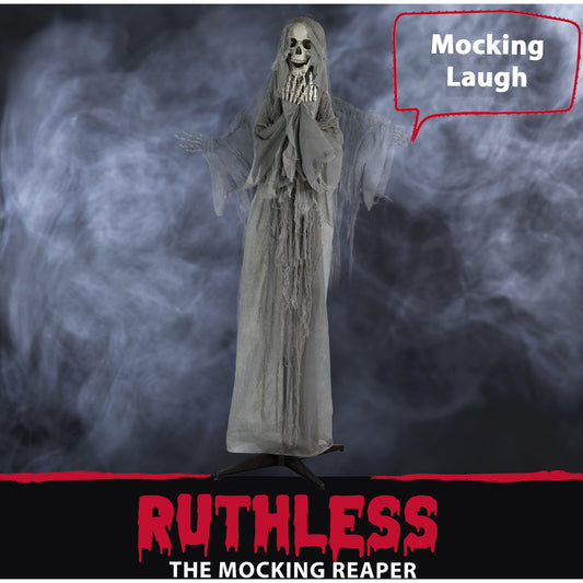 Haunted Hill Farm - 71-In. Ruthless the Mocking Reaper, Indoor or Outdoor Animated Halloween Decoration, Poseable
