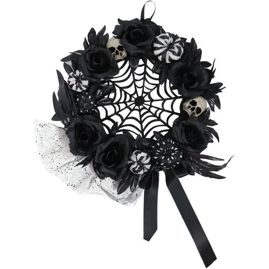 Haunted Hill Farm - 15-In. Halloween Black and White Floral Wreath with Pumpkins, Skulls, and Spiderweb for Haunted House Hanging Decoration
