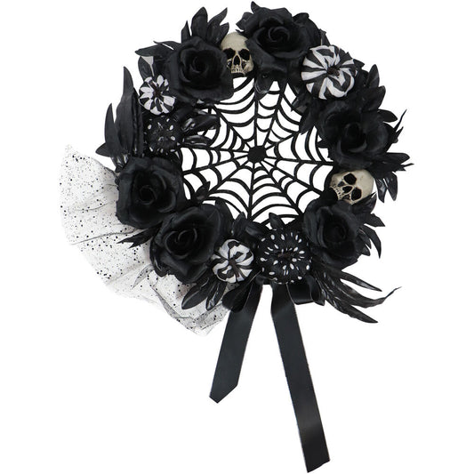 Haunted Hill Farm - 15-In. Halloween Black and White Floral Wreath with Pumpkins, Skulls, and Spiderweb for Haunted House Hanging Decoration