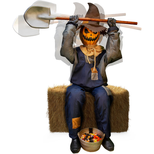 Haunted Hill Farm - Motion Activated Smiling Jack the Sitting Scarecrow by Tekky, Premium Talking Halloween Animatronic, Plug-In or Battery