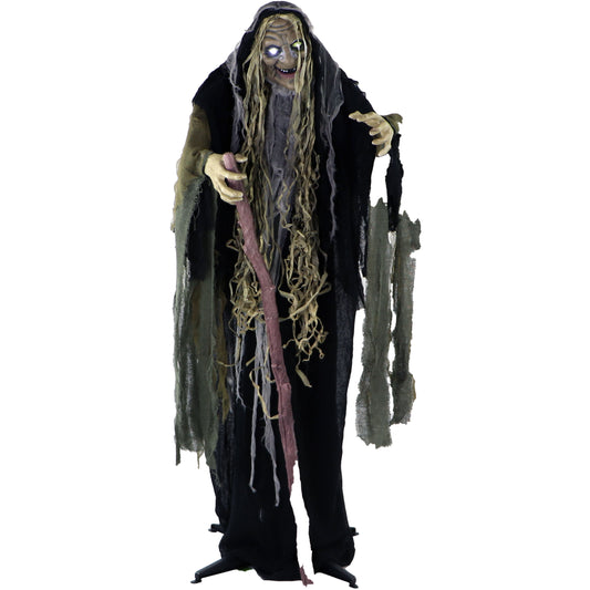 Haunted Hill Farm - 68-In. Animatronic Witch with a Staff, Indoor or Covered Outdoor Halloween Decoration, Light-up White Eyes