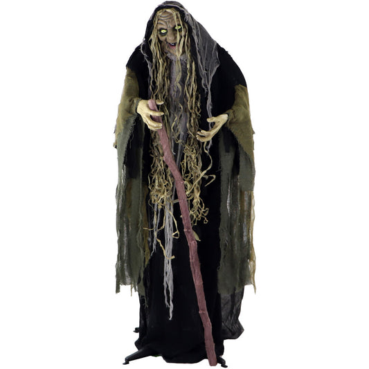Haunted Hill Farm - 68-In. Animatronic Witch with a Staff, Indoor or Covered Outdoor Halloween Decoration, Light-up White Eyes