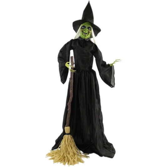 Haunted Hill Farm - 71-In. Animatronic Witch with Broomstick, Indoor or Covered Outdoor Halloween Decoration, Talking, Poseable