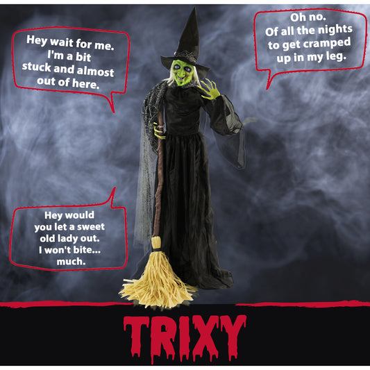 Haunted Hill Farm - 71-In. Animatronic Witch with Broomstick, Indoor or Covered Outdoor Halloween Decoration, Talking, Poseable