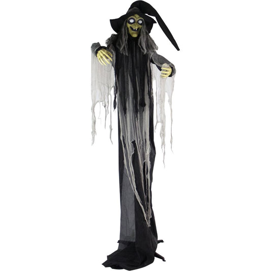 Haunted Hill Farm - 9.5-Ft. Animatronic Witch, Indoor or Covered Outdoor Halloween Decoration, Light-up White Eyes, Poseable