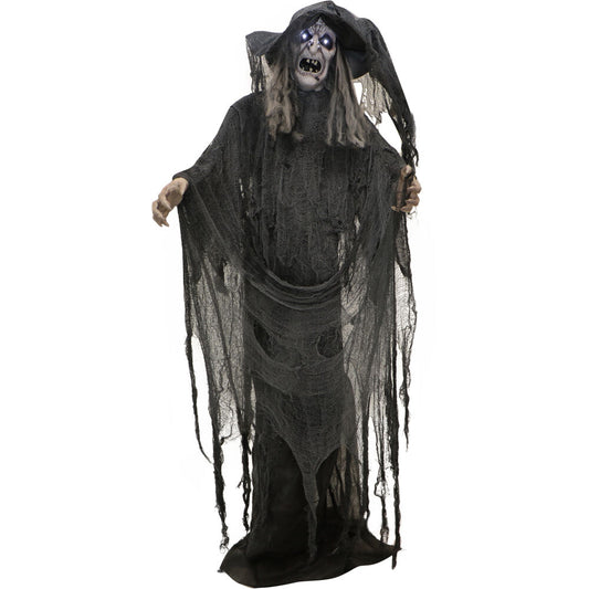 Haunted Hill Farm - 69-In. Standing Witch, Indoor/Covered Outdoor Halloween Decoration, LED White Eyes, Poseable, Phoenix