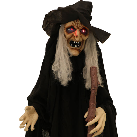 Haunted Hill Farm - 5.5-Ft. Talking Witch with Cane, Indoor or Covered Outdoor Halloween Decoration, LED Red Eyes, Harper