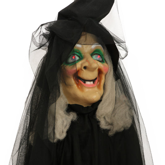 Haunted Hill Farm - 6.5 ft. Witch on Broom, Indoor/Covered Outdoor Halloween Decoration, LED Red Eyes, Misty
