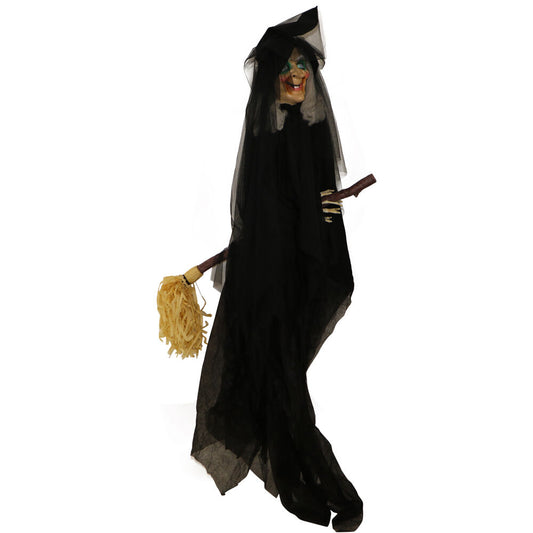 Haunted Hill Farm - 6.5 ft. Witch on Broom, Indoor/Covered Outdoor Halloween Decoration, LED Red Eyes, Misty