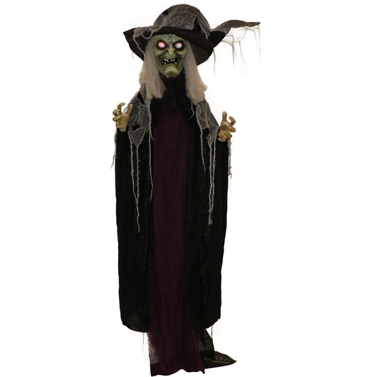 Haunted Hill Farm - 6.25-Ft. Standing Witch, Indoor/Covered Outdoor Halloween Decoration, LED Red Eyes, Poseable, Spinster