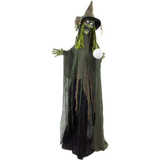 Haunted Hill Farm - 6-Ft. Buella the Animatronic Fortune-Telling Witch, Indoor or Covered Outdoor Halloween Decoration