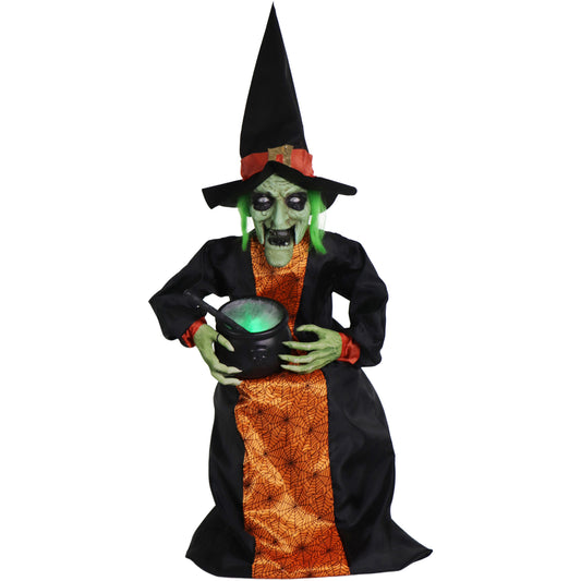 Haunted Hill Farm - Animatronic Sitting Talking Witch with Moving Mouth and Light-Up Mini Cauldron for Halloween Decoration