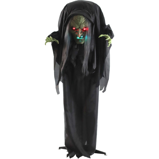 Haunted Hill Farm - Petra the Gray Animatronic Talking Hunchback Witch with Movement and Lights for Scary Halloween Decoration