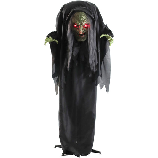Haunted Hill Farm - Petra the Gray Animatronic Talking Hunchback Witch with Movement and Lights for Scary Halloween Decoration