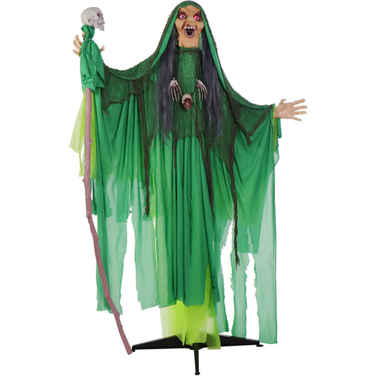 Haunted Hill Farm - Animatronic Shaking, Talking Voodoo Swamp Witch with Shrunken Skull Staff for Scary Halloween Decoration