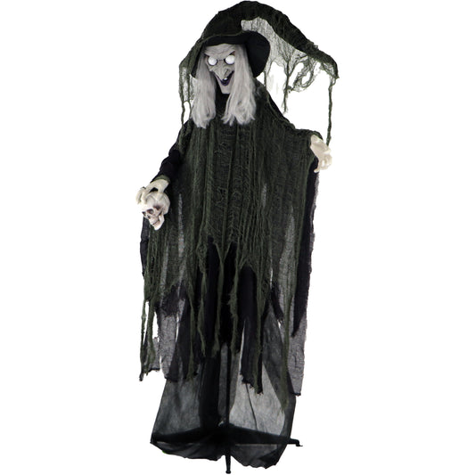 Haunted Hill Farm - Edith the Talking Animatronic Witch with Shrunken Skull, Indoor or Covered Outdoor Halloween Decoration