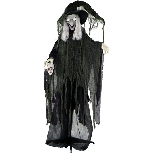 Haunted Hill Farm - Edith the Talking Animatronic Witch with Shrunken Skull, Indoor or Covered Outdoor Halloween Decoration
