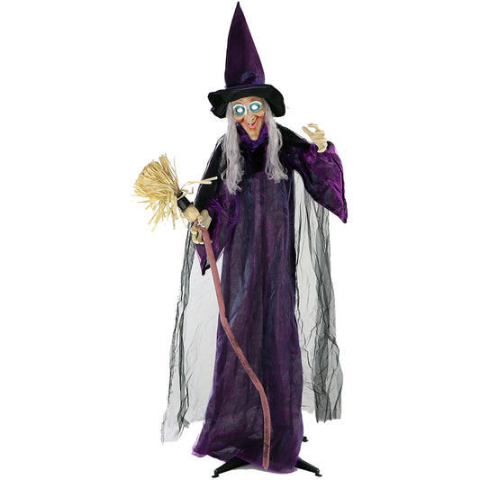 Haunted Hill Farm - Sinthia the Animatronic Talking Witch with a Broomstick, Indoor or Covered Outdoor Halloween Decoration