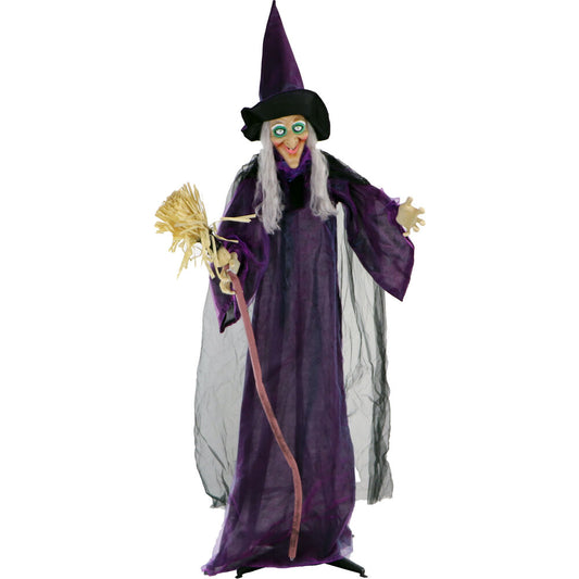 Haunted Hill Farm - Sinthia the Animatronic Talking Witch with a Broomstick, Indoor or Covered Outdoor Halloween Decoration