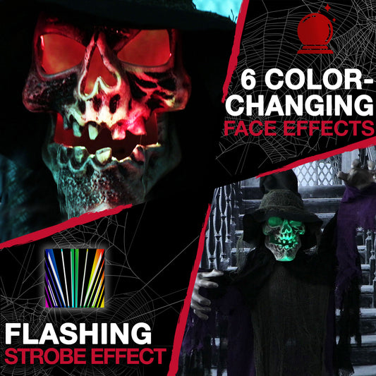 Haunted Hill Farm - Myrtle the Skeleton Witch with 6-Function Multi-Color Light, Indoor or Covered Outdoor Halloween Decoration