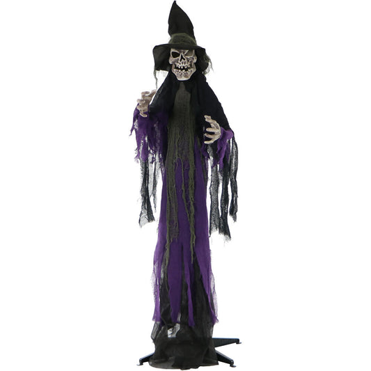 Haunted Hill Farm - Myrtle the Skeleton Witch with 6-Function Multi-Color Light, Indoor or Covered Outdoor Halloween Decoration