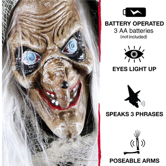 Haunted Hill Farm - Sage the Evil Talking Witch Animatronic, Indoor or Covered Outdoor Halloween Decoration