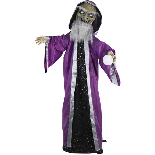 Haunted Hill Farm - Animatronic Talking Wizard with Movement and Light-Up Crystal Ball for Scary Halloween Decoration