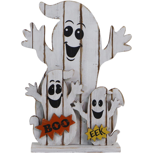 Haunted Hill Farm - 16-In. Ghost Family Battery-Operated Wooden Centerpiece with Lights and Timer for Halloween Tabletop Decoration