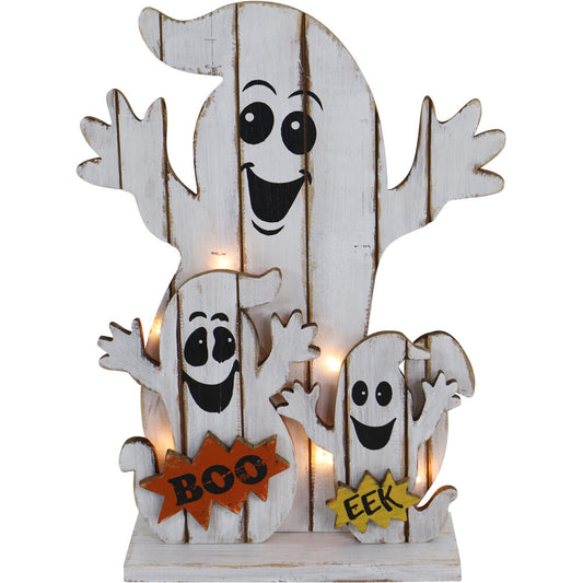 Haunted Hill Farm - 16-In. Ghost Family Battery-Operated Wooden Centerpiece with Lights and Timer for Halloween Tabletop Decoration
