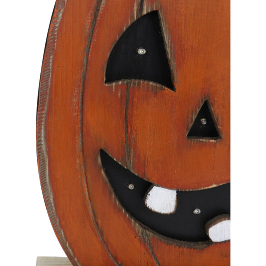 Haunted Hill Farm - 18-In. Tall Pumpkin Battery-Operated Wooden Centerpiece with Lights and Timer for Halloween Tabletop Decoration