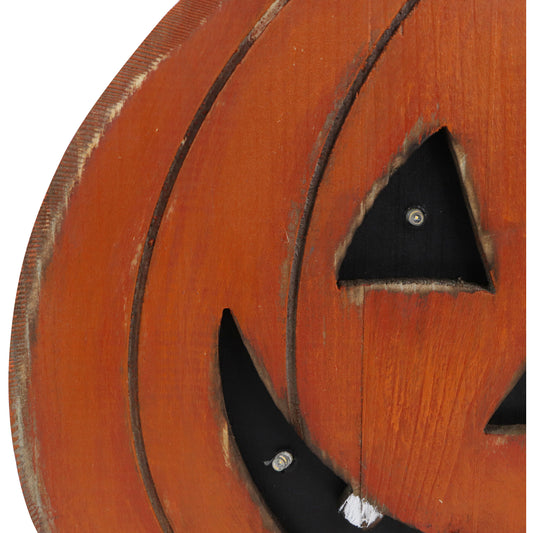 Haunted Hill Farm - 13-In. Short Pumpkin Battery-Operated Wooden Centerpiece with Lights and Timer for Halloween Tabletop Decoration