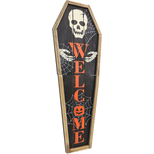 Haunted Hill Farm - 33-In. Wood Coffin Welcome Sign with Folding Storage Hinges for Halloween Hanging Decoration