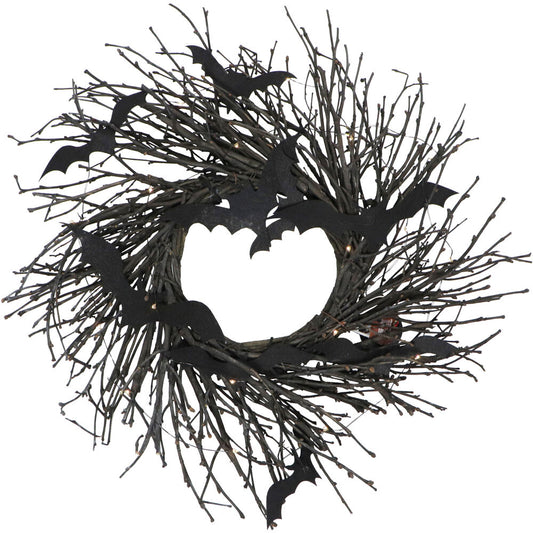 Haunted Hill Farm - 15-In. Black Twig Battery-Operated Wreath with LED Lights and Flying Bats for Halloween Door or Wall Decoration