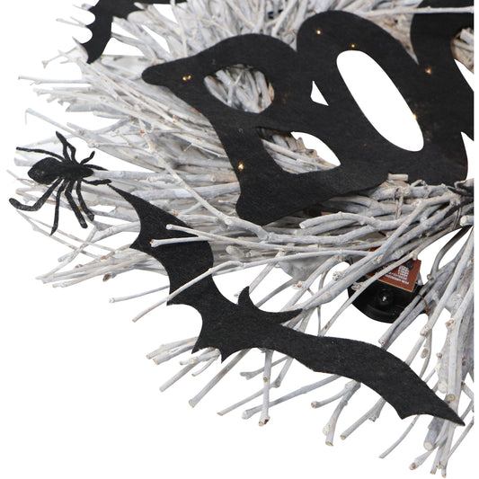Haunted Hill Farm - 15-In. White Twig Battery-Operated Wreath with LED Lights, Boo Sign, Bats, and Spiders for Halloween Door or Wall Decoration