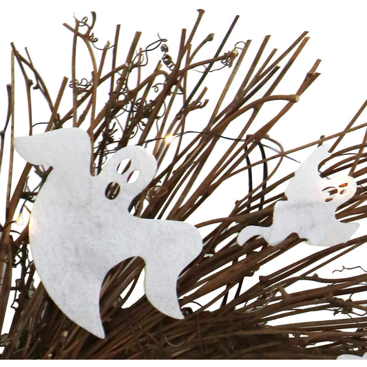 Haunted Hill Farm - 20-In. Battery-Operated Natural Twig Wreath with LED Lights and Spooky Ghosts for Halloween Door or Wall Decoration