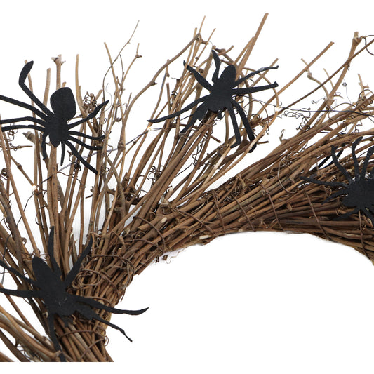 Haunted Hill Farm - 20-In. Battery-Operated Natural Twig Wreath with LED Lights and Creepy Spiders for Halloween Door or Wall Decoration