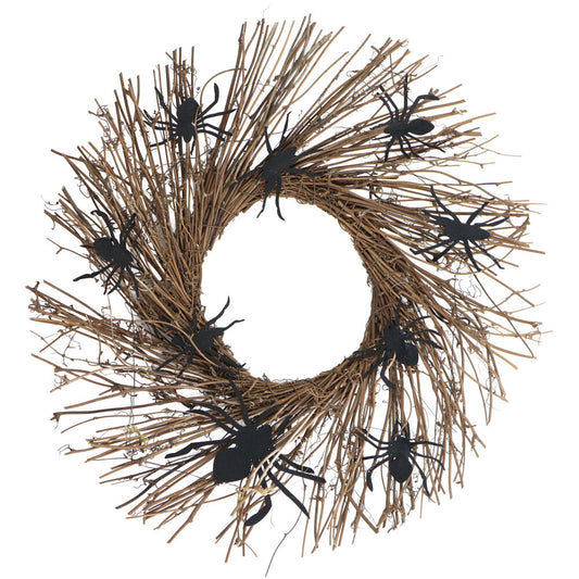 Haunted Hill Farm - 20-In. Battery-Operated Natural Twig Wreath with LED Lights and Creepy Spiders for Halloween Door or Wall Decoration