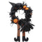 Haunted Hill Farm - Halloween Black and Orange Floral Wreath with Pumpkins, Witch's Hat, Broom, and Legs for Haunted House Decoration