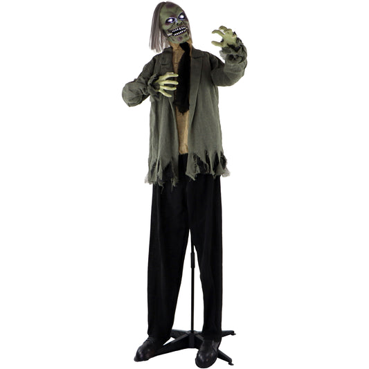 Haunted Hill Farm - Life-Size Animatronic Zombie, Indoor/Outdoor Halloween Decoration, Red Flashing Eyes, Poseable