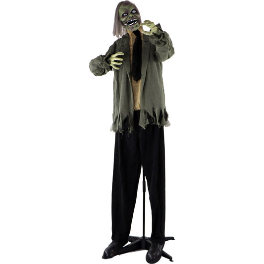 Haunted Hill Farm - Life-Size Animatronic Zombie, Indoor/Outdoor Halloween Decoration, Red Flashing Eyes, Poseable