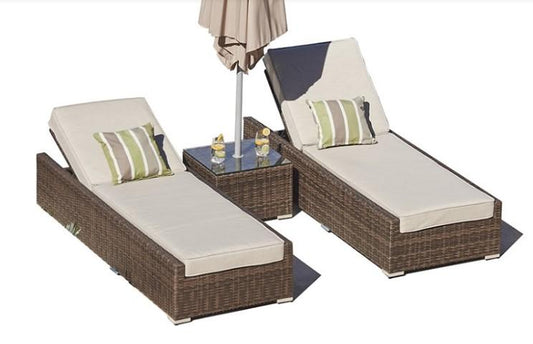 HomeRoots Furniture Chaise Lounge Brown 3-Piece Wicker Outdoor Armless Chaise Lounge Set with Tan Cushions - 78" X 29" X 28"